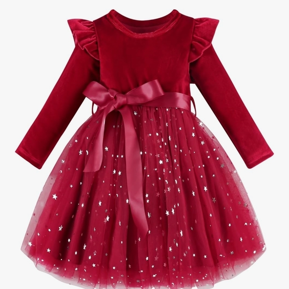 Toddler Baby Girl Velvet Christmas Dress for Girls Long Sleeve Velvet Sequin